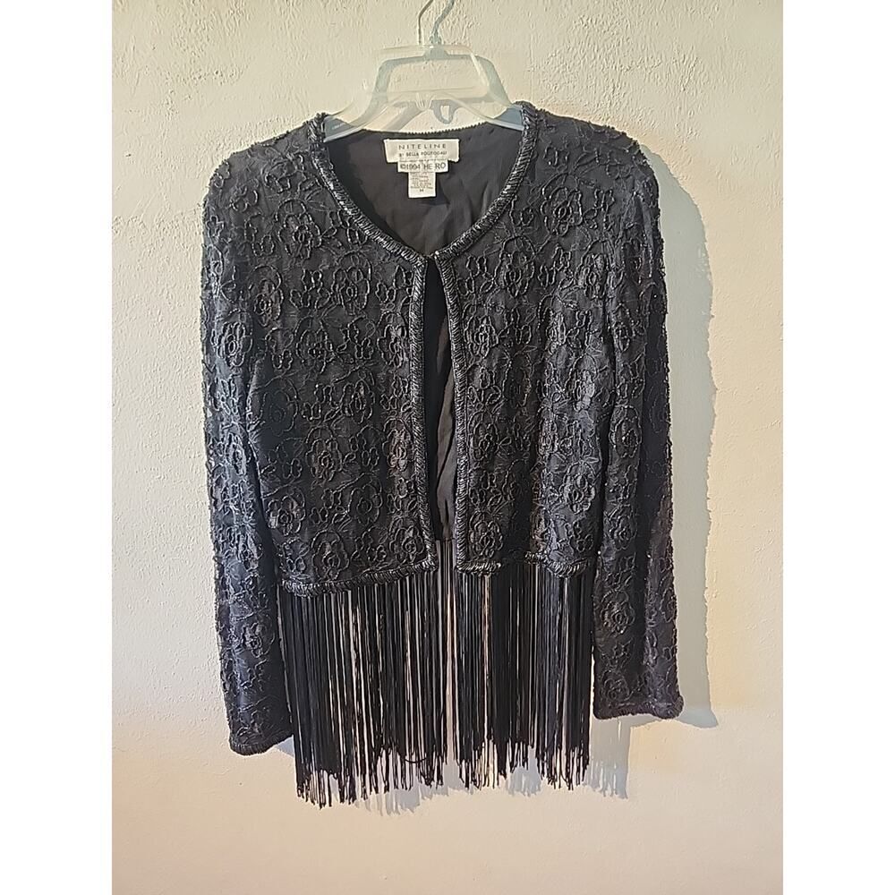 Vintage Niteline by Della Roufogali Rayon Jacket Black Beading Sequins Fringe M